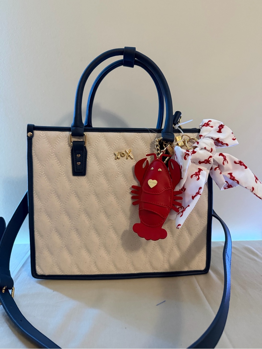 Women’s Cream Quilted Tote Bag with Navy Trim and Red Lobster Charm